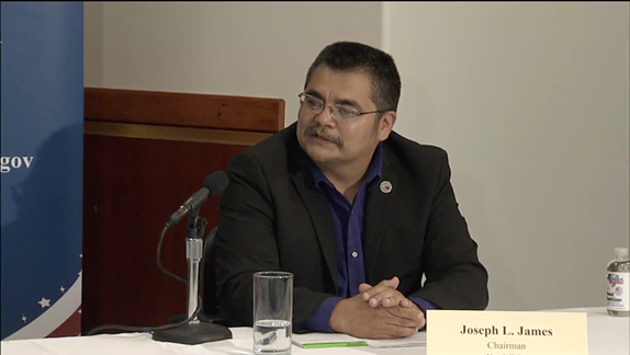 Yurok Tribal Chair Joseph James listens as North Coast Rep. Jared Huffman asks him a question. - SCREENSHOT FROM KEET’S LIVE BROADCAST