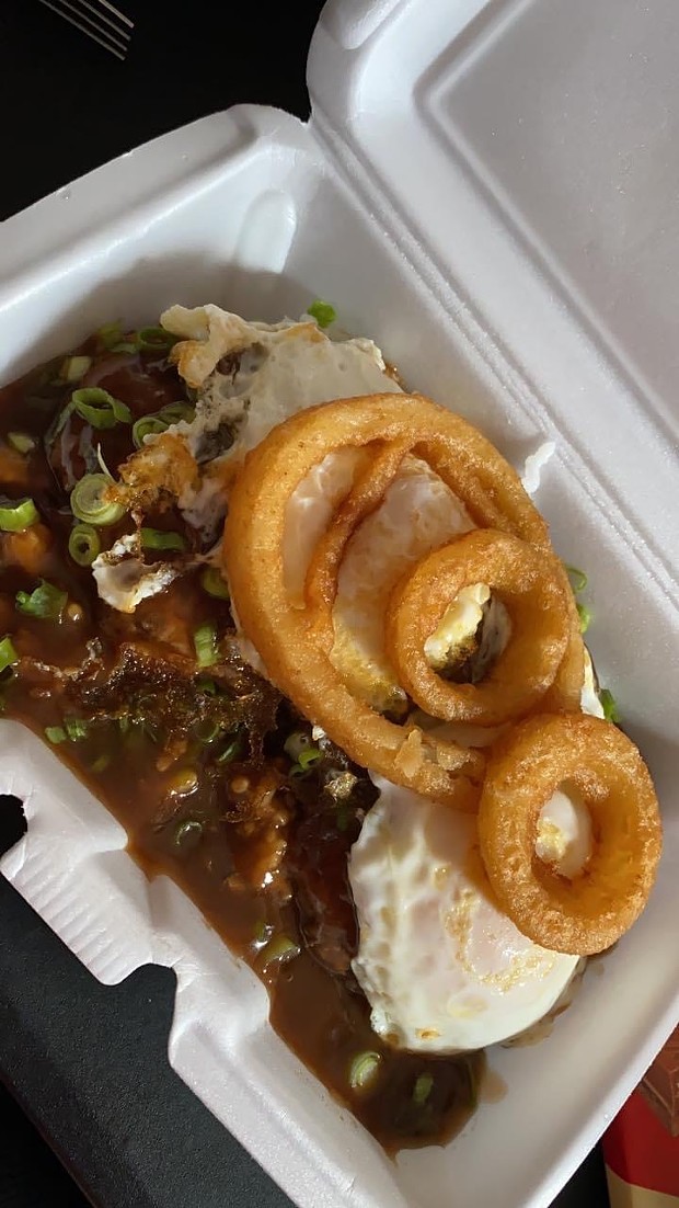 Loco moco with onion rings at Island Delight. - SUBMITTED
