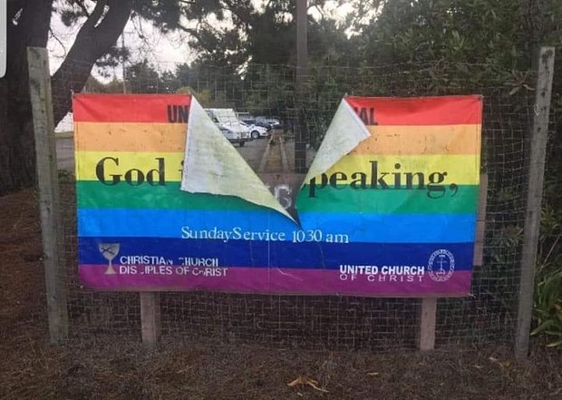 The words “God is still speaking” are obscured after the United Congregational Christian Church’s rainbow flag was destroyed this week. - UNITED CONGREGATIONAL CHRISTIAN CHURCH