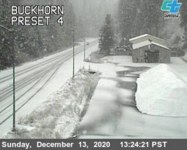 Snow on Buckhorn Summit [Photo by Caltrans traffic cam]