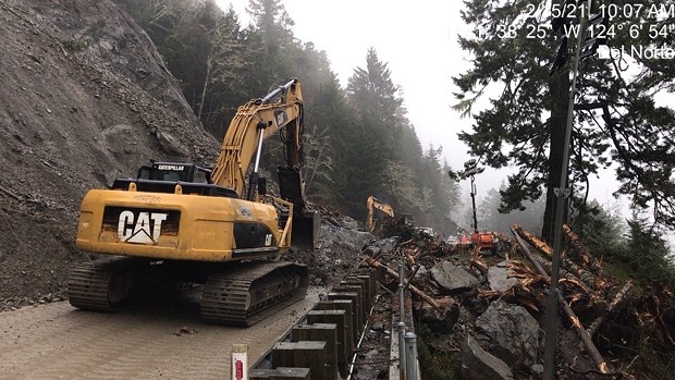 Debris removal continues after another slide hit Sunday night. - CALTRANS