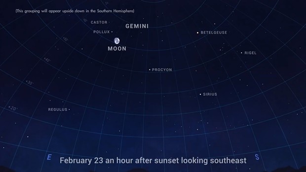 The moon visits the bright stars of Gemini on Feb. 23. - NASA/JPL-CALTECH