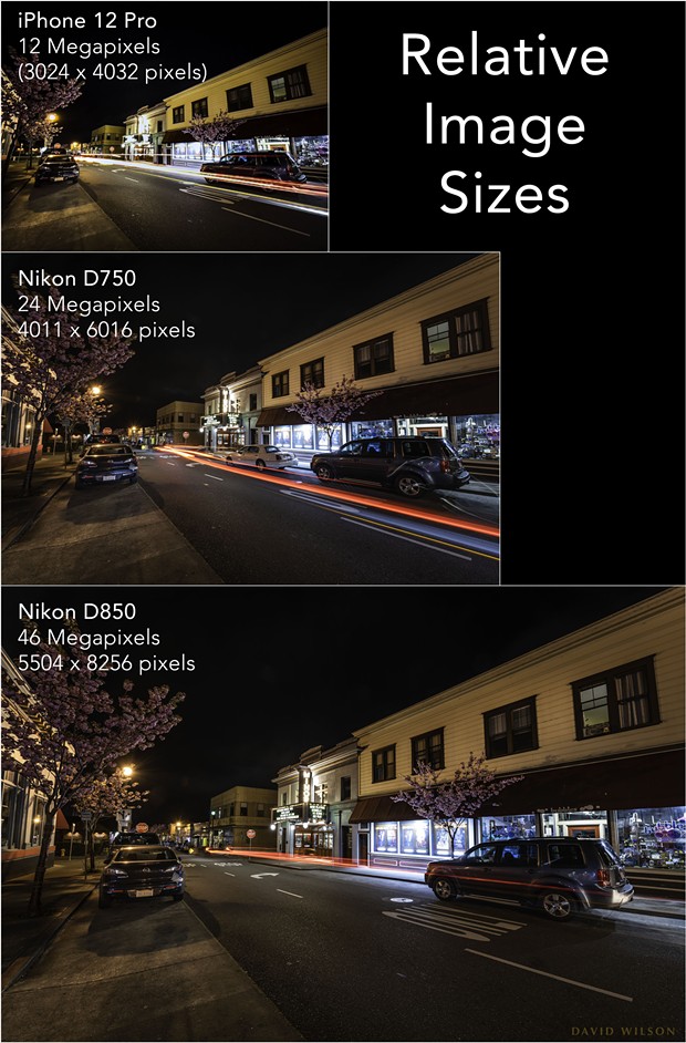 The relative sizes of the images produced by the three cameras in this comparison have a bearing on how much the images can be enlarged as prints. Generally, higher resolution images produce better large prints — but size is not everything; even with a large enough image, if it is blurry or noisy it will produce a low quality enlargement. - DAVID WILSON