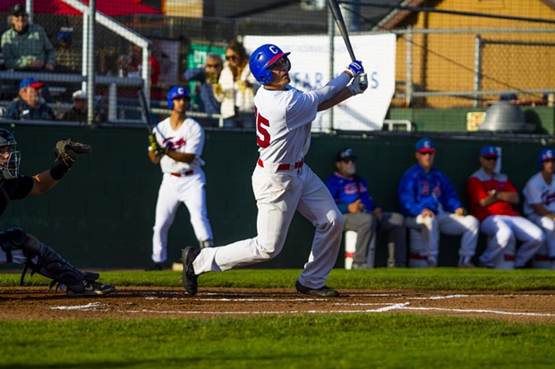 Crabs outfielder Ethan Smith (#25) watches as the ball leaves his bat on June 18, 2021 while playing against the Seattle Studs. - THOMAS LAL