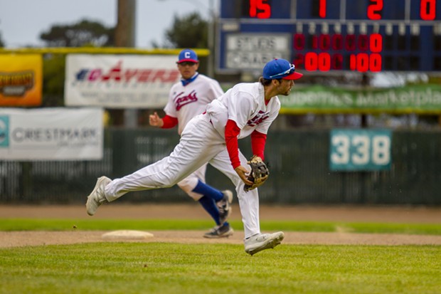 Crabs shortstop Aaron Casillas (#3) transfers the ball from his glove to his throwing hand while making a play on a ground ball against the visiting Seattle Studs on June 20, 2021 at Arcata Ballpark. - THOMAS LAL