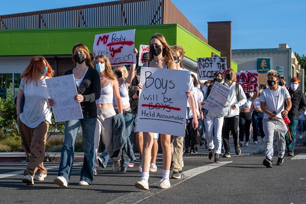 Hundreds of Arcata High School students walked out of class Wednesday to show support and stand in solidarity with victims of sexual assault, marking the third straight day of walkouts by students in Humboldt County following allegations of a sexual assault by a Fortuna High School student in August. - MARK MCKENNA