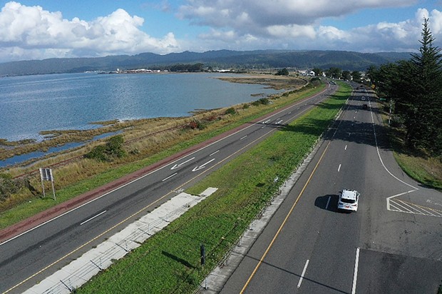 Caltrans is busy studying how to best protect U.S. Highway 101 between Arcata and Eureka from sea level rise, having already determined that raising the entire stretch of highway or moving it inland are likely cost-prohibitive. - PHOTO BY MARK MCKENNA