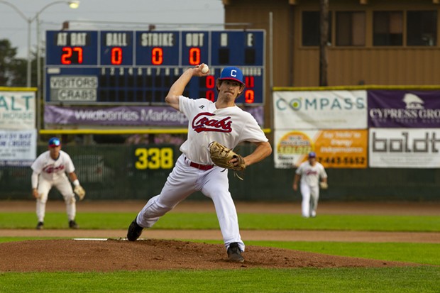 Crabs Pitcher and Eureka native Caleb Ruiz throws a pitch in the first inning during the Humboldt Crabs season opening game against the Humboldt Eagles on June 3, 2022 on the way to a 13-0 victory. - THOMAS LAL