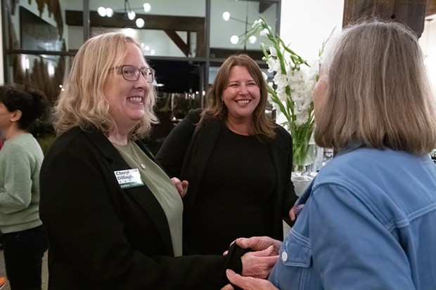Cheryl Dillingham, left, was all smiles during an Election Night gathering in Arcata. - MARK MCKENNA