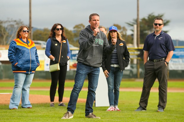 California state Sen. Mike McGuire announces a $1 million investment from the state of California into Arcata Ballpark while on the field at the ballpark prior to the start of the game on July 6, 2022. - THOMAS LAL