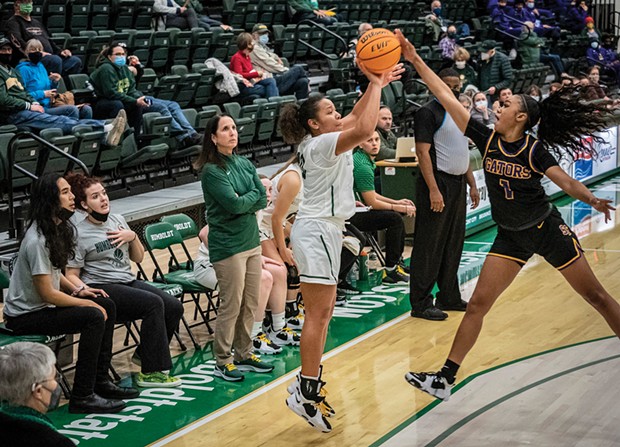 Coach Michelle Bento-Jackson, who was hired to take over the women's Lumberjack basketball team in 2016, watches her team play the San Francisco State University Gators last season. - PHOTO BY MARK LARSON, COURTESY OF CAL POLY HUMBOLDT
