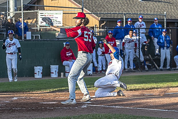 Billy Ham scores the first run for the 2023 Humboldt Crabs season, scoring on a passed ball after the designated hitter batted the first double for the Humboldt Crabs in the young season. - PHOTO BY JOSE QUEZADA