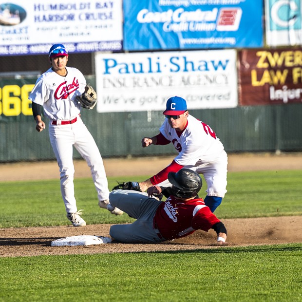 Colby Lunsford applies the tag at second base on a Novato Knick runner Friday evening. Lunsford went one-for-five in the opening day loss 8-6. - PHOTO BY JOSE QUEZADA
