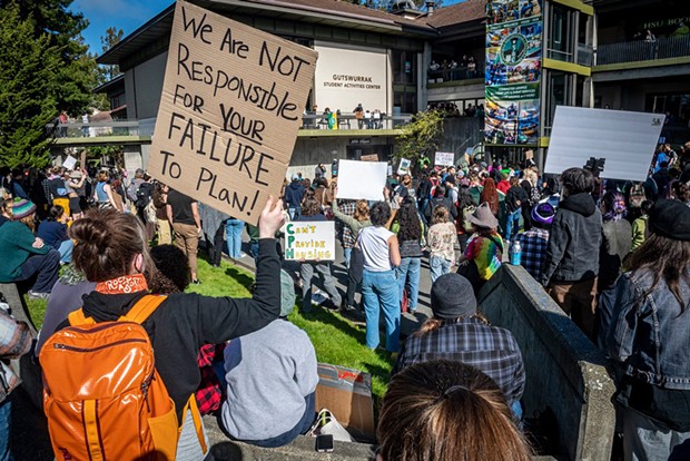 Students protest Cal Poly Humboldt's handling of on-campus housing in February. - PHOTO BY MARK LARSON