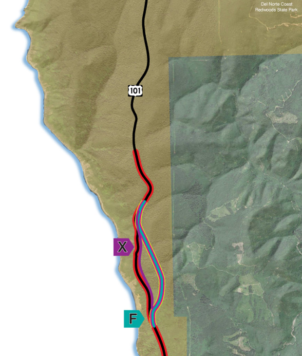 The map shows Alternative F, which will take U.S. Highway 101 inland just before Last Chance Grade, and Alternative X, which would have kept the current route and continued work to stabilize the geographically challenged area. - CALTRANS