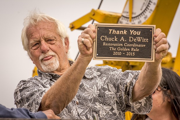 Chuck DeWitt, of Fairhaven, was presented with a thank-you plaque for his role as the restoration coordinator of the Golden Rule prior to its launching on Saturday, June 20 at the Zerlang & Zerlang boat yard on the Samoa peninsula. - MARK LARSON