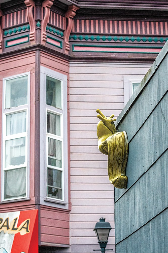 A close-up of the larger-than-life ceramic banana slug high on the wall at Mendenhall Studios created by ceramic banana slug artists Shannon Sullivan and Jessica Swan. - PHOTO BY MARK LARSON