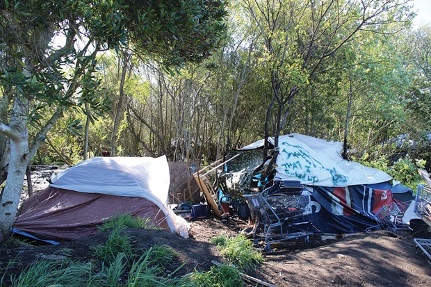 An illegal camp behind the Bayshore Mall. - THADEUS GREENSON