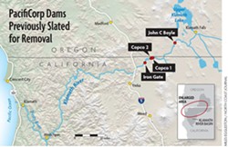 PacifiCorp's four hydroelectric dams that are once again slated for removal under a new agreement announced today. (Click to enlarge.)