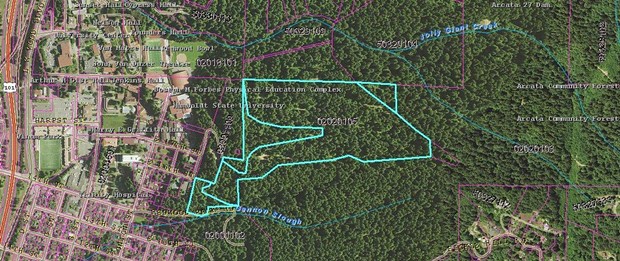 A parcel map details exactly where the property is in relation to HSU and Community Forest.