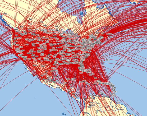 The U.S. is a mess of interconnecting air routes except, as this map illustrates, the Pacific Northwest. - COURTESY OF EMILY JACOBS