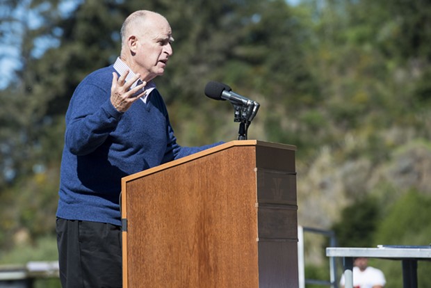 California Gov. Jerry Brown during this morning's signing ceremony for the newly reshaped Klamath Hydroelectric Settlement Agreement.. - MARK MCKENNA