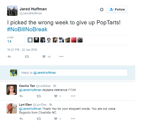 Huffman cracked wise throughout the protest using social media. - TWITTER