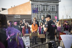 Hoopa Valley tribal member Nah-Tes Jackson was the first to speak to the crowd of 100 or so protesters on the Arcata Plaza on Saturday. - SAM ARMANINO