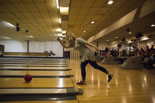 Kitt Roberts, a student at College of the Redwoods, bowling at the LeBOWLski bowling night. - SAM ARMANINO