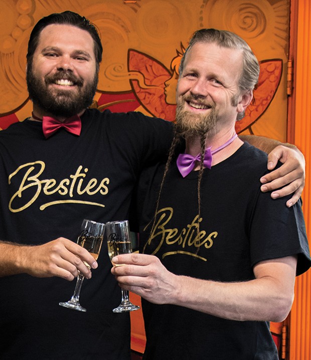 Aaron Ostrom (left) of Pacific Outfitters, winner of Best Outdoor Gear Store and Best Sporting Goods Store, with pal Jason Whitcomb of S.T.I.L., which won a hat trick of Best Head Shop, Best Hobby Shop and Best Vape Shop. - PHOTO BY JILLIAN BUTOLPH