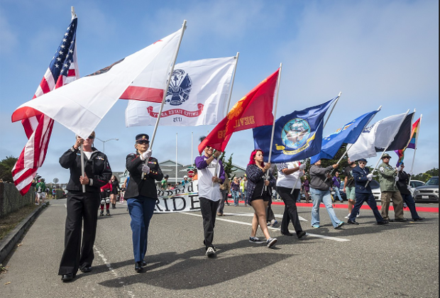 The Redwood Veterans Honor Guard marching in the 2016 Pride parade. - PHOTO BY MARK LARSON