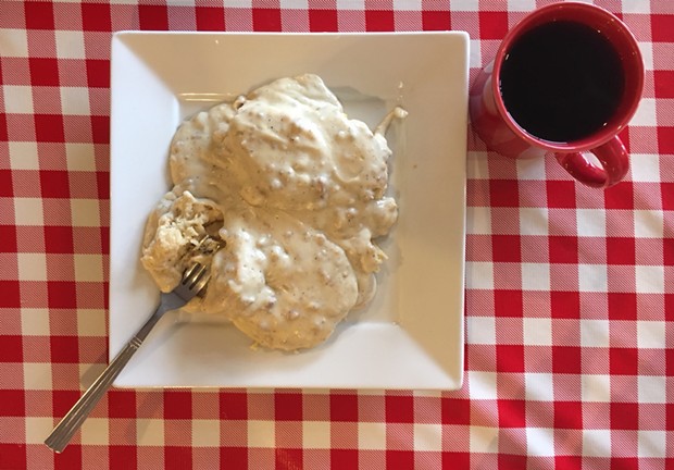 Biscuits and andouille sausage gravy, cher. - PHOTO BY JENNIFER FUMIKO CAHILL