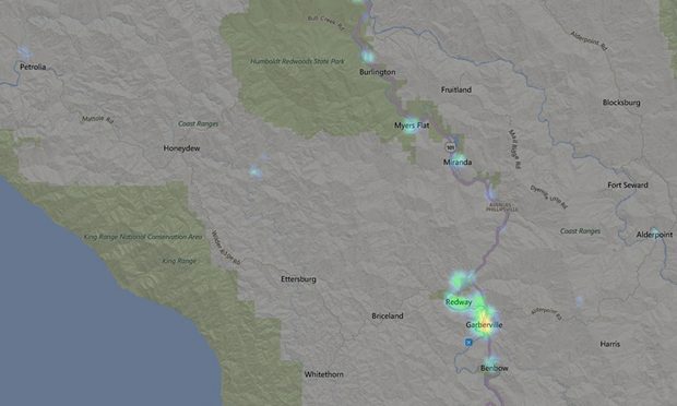 Light map from March 2013 for Southern Humboldt. - LIGHTPOLLUTIONMAP.INFO