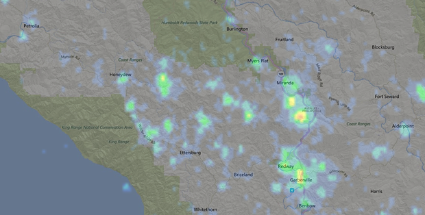 Light map from March 2017 for Southern Humboldt. - LIGHTPOLLUTIONMAP.INFO