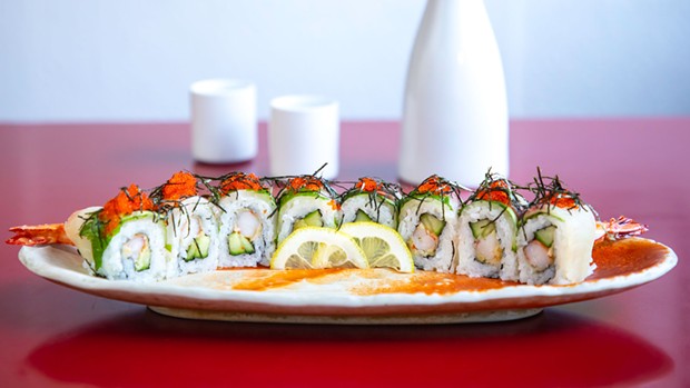 The Paradise roll with tempura shrimp, shiso leaves and lemon-dipped hamashi.