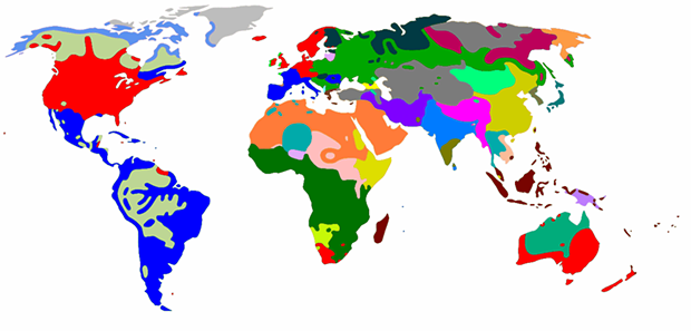 The world’s extant 6,000 languages are grouped into 36 families, as shown. For a key to the colors, see “Languages World Map” on Wikipedia.