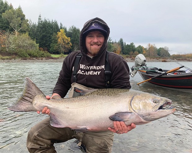 Big, late-fall kings will be making their way into the coastal rivers this weekend following the first real storms of the year. Pictured is Jeremy Baker, of Santa Cruz, with a nice king taken on the Chetco in 2018.
