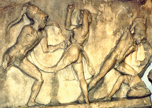 Section of the "Amazons versus Greeks" marble frieze that once decorated the Mausoleum of Halicarnassos (modern Bodrum, Turkey), sculpted about 350 B.C. It's now in the British Museum next to statues of King Mausolus of Caria (the guy for whom the mausoleum was built and from whom we get the word mausoleum) and his wife.