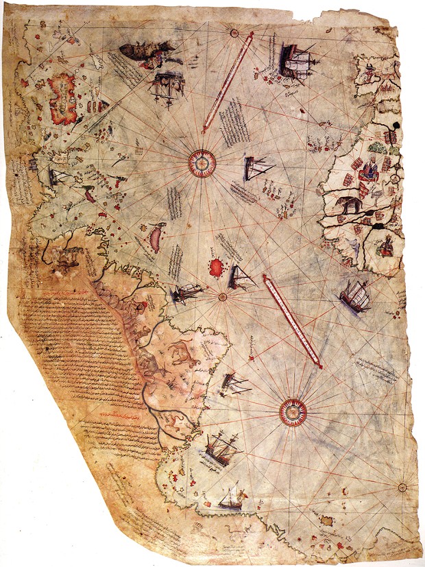 Detail of the surviving half of Piri Reis' 1513 world map synthesizes information from more than 20 previous maps of the New World, including charts by Christopher Columbus and Vasco de Gama. The map is now in Istanbul's Topkapi Museum.