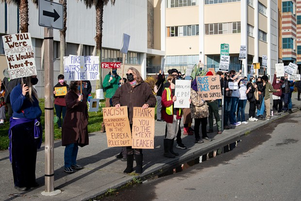 About 50 demonstrators gather at the Humboldt County Courthouse in March to demand the Eureka Police Department fire officers involved in offensive group text messages exposed in a Sacramento Bee article.
