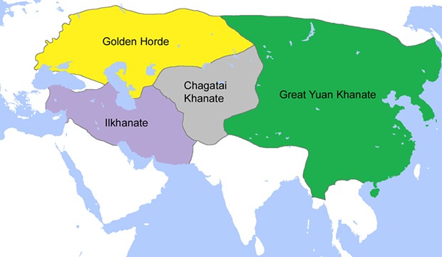 Following the death of Genghis Khan, the Mongol Empire both expanded and divided into four huge khanates (territories) governed by his eldest sons.