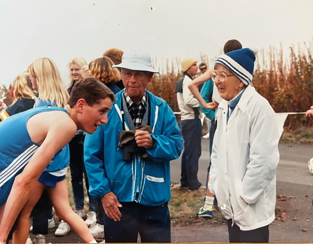 Mike Katri with Bill and Emily Langenbach at a Fortuna High School meet.
