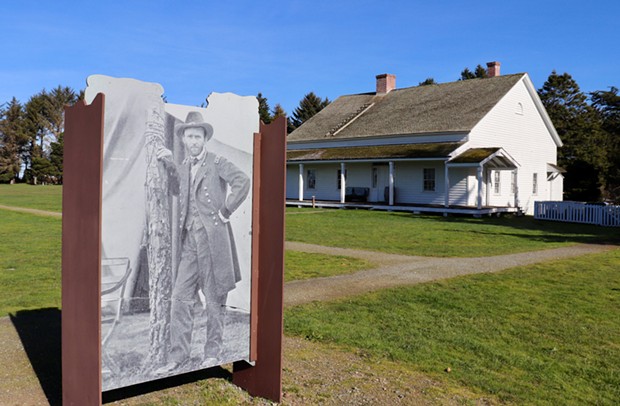 Before President Lincoln promoted him to general, Ulysses S. Grant served as quartermaster for Fort Humboldt. The hospital in the background was built in 1863, years after Grant left. It has been put to use as a park office and now a museum.