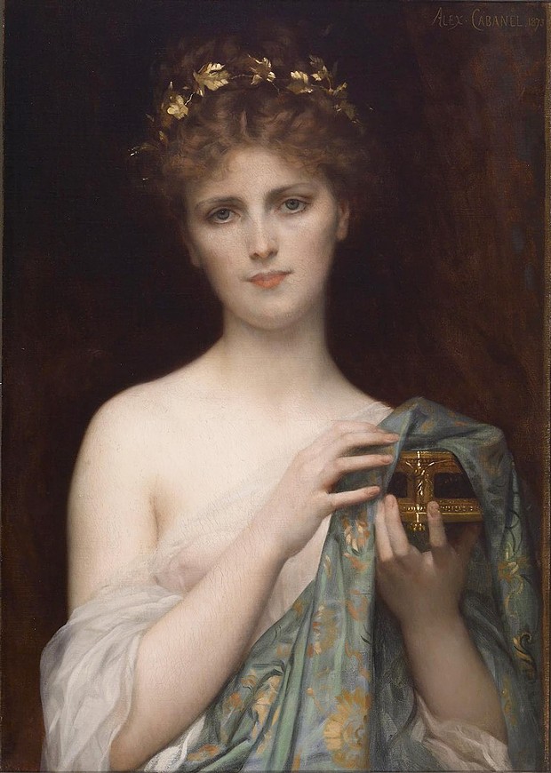 Swedish soprano Christine Nilsson posing as Pandora in a painting by Alexandre Cabanel, 1873.