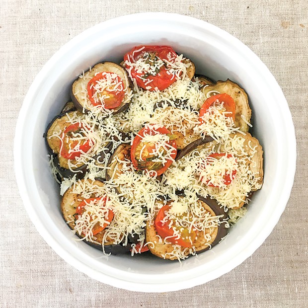 The roasted eggplant and tomatoes ready for the oven.