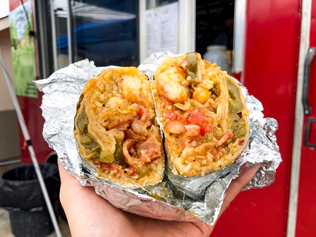 A sweet and spicy, Chinese-inspired shrimp and mango burrito from El Fog&oacute;n Coste&ntilde;o.
