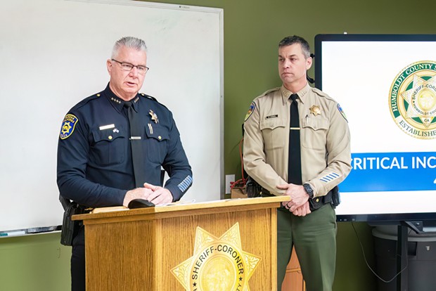 Eureka Police Chief Todd Jarvis, left, and Sheriff William Honsal speak during an April 19 press conference on the police shooting.