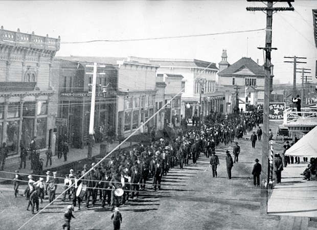 Protesters march in Fortuna in 1906 in opposition of a cannery bringing in Chinese workers.