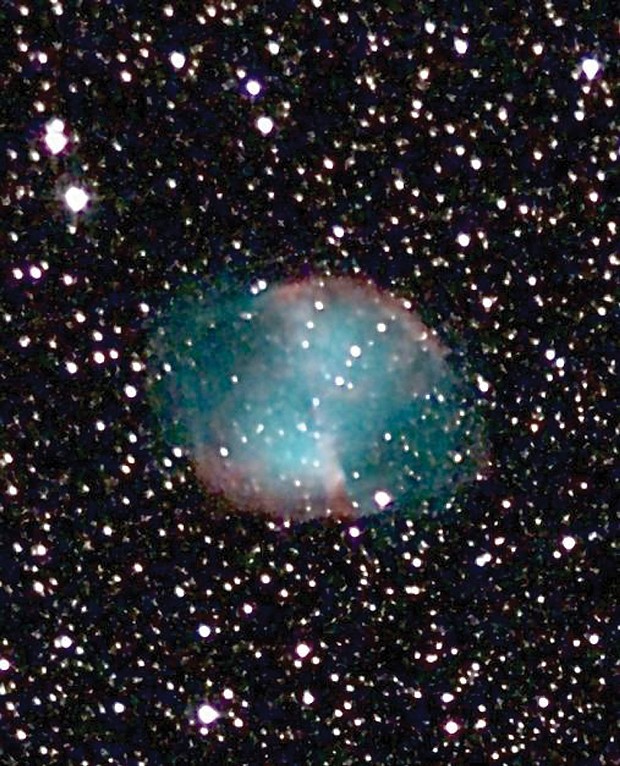 M27, the Dumbbell Nebula, is perhaps the loveliest "deep sky object." Ionized oxygen glows blue, hydrogen green, and sulfur and nitrogen red. This image is a five-minute exposure with 4-inch reflector.
