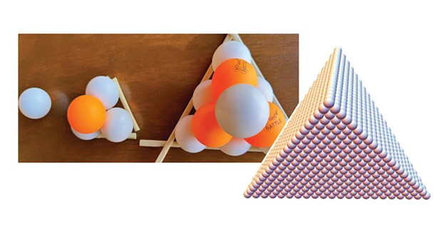 The first three tetrahedral numbers (1, 4 and 10) are represented by the number of balls making up a three-sided pyramid having one, two and three layers, respectively. The 22nd tetrahedral number is the number of balls in a 22-layer pyramid, that is, 2024